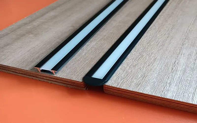 LED strip light profile installed in an aluminum housing, showing clean and modern recessed lighting effect