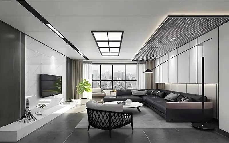 Iluminação interior moderna utilizando perfil de alumínio LED preto criando