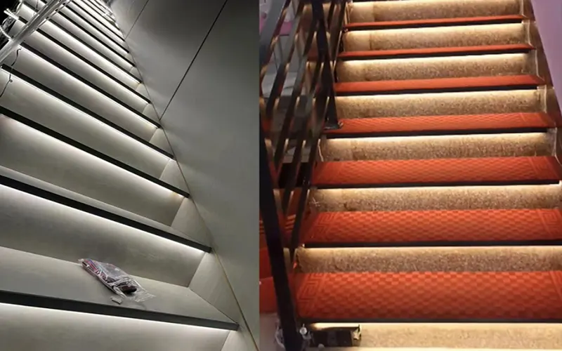 LED Stair-Tread Aluminum Profile Installed on Modern Stairs with Integrated LED Strip Lighting